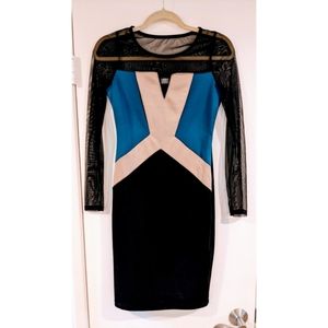 NWOT Venus Teal/Beige/Black Chevron Mesh Bodycon Mini Dress - XS